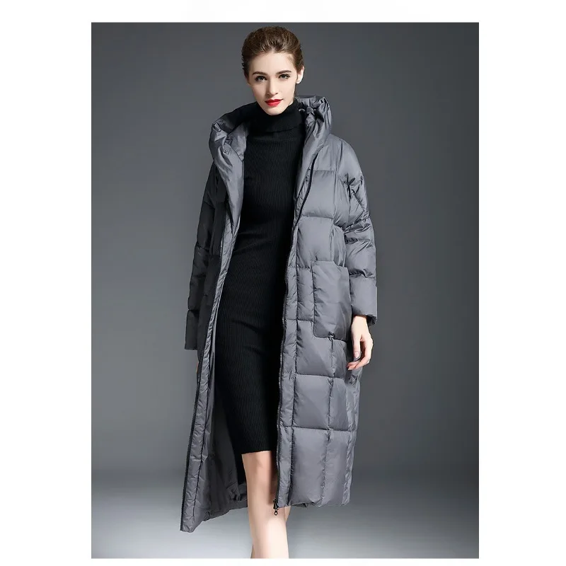 Luxuriöse hochwertige Daunenjacke für Damen, warmer Winter, über dem Knie, mit Kapuze, 90 % weiße Entendaunen, verdickter Mantel, trendige Pufferjacke