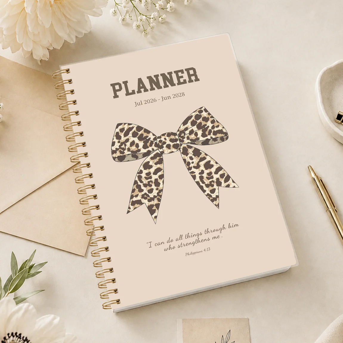 1PC 2026.7-2028.6  24 Monthly Planner, Leopard Bow A5 Spiral Agenda Notebook with Reference Calendars and Notes Pages
