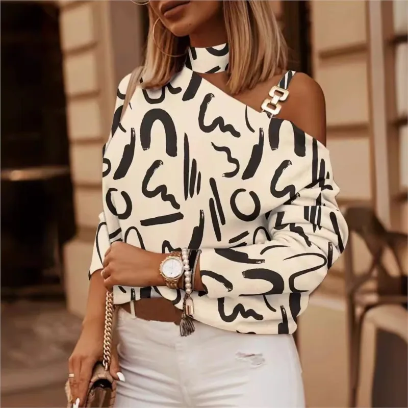 Elegant Women\'s Sexy Blouse 2024 Spring/Summer Open-shoulder Hollowed-out  Chain Hanging Neck Printed Button Fashion Female Tops