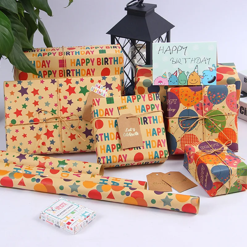 5Pcs/set Kraft Wrapping Paper Happy Birthday Gift Wrapping Cute Print Paper Party Suppiles Accessories