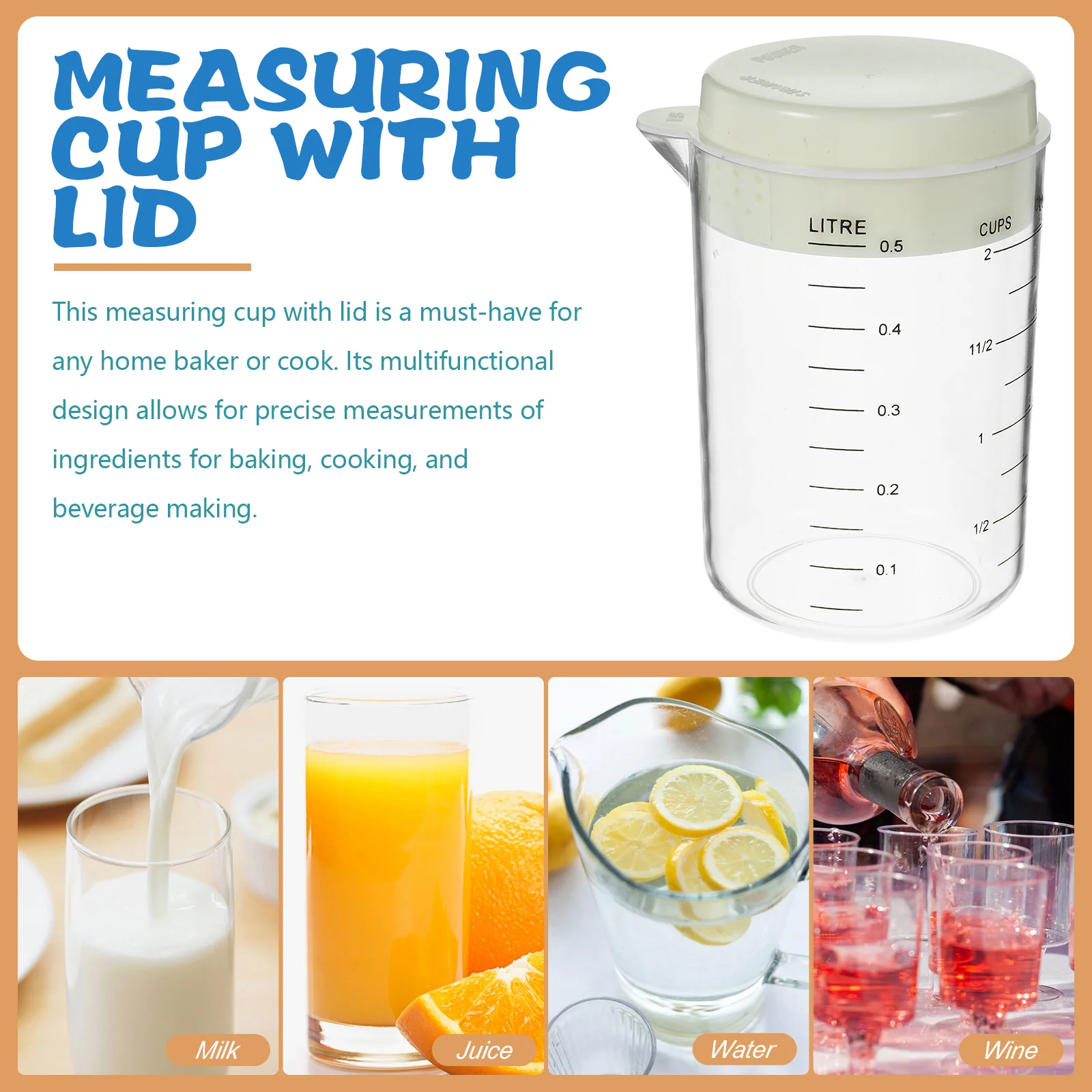 

1000Ml Clear With Lid Baking Measuring Cup Liquid Measuring Container For Milk Coffee Oil Flour Kitchen Graduated Cup