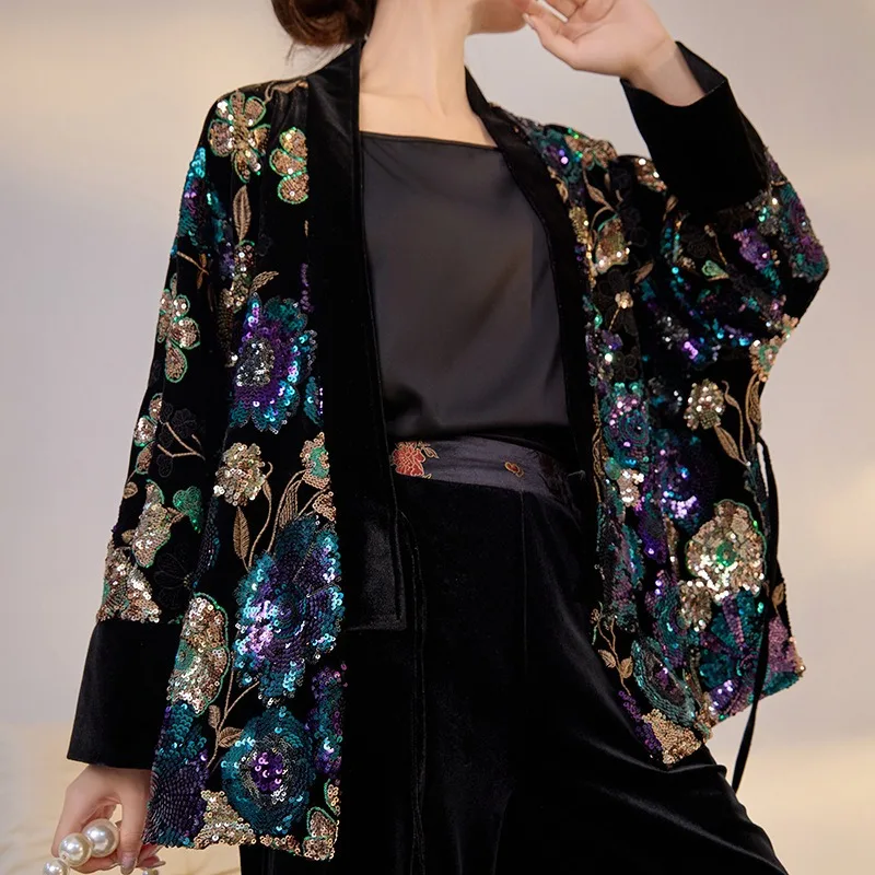 

2024, весенне-осеннее винтажное пальто с v-образным вырезом и вышивкой, расшитое пайетками, фиолетовые топы, свободная куртка на шнуровке с яркими цветами, женская куртка, размер S-L