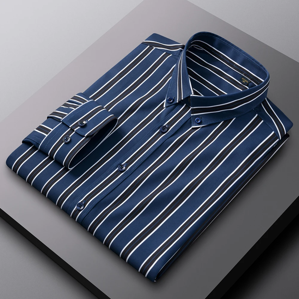 

Men's Elegant Striped Iron-Free Long Sleeve Dress Shirts - Breathable, Stretchy Casual Button Up Shirt For Formal Occasions