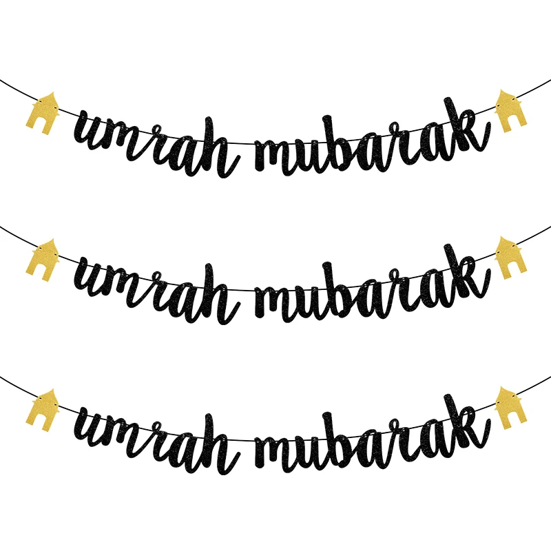 Umrah Mubarak Black Banner Ramadan Kareem Muslim Islamic Wall Hanging Decoration Backdrop Hajj Mubarak Gift