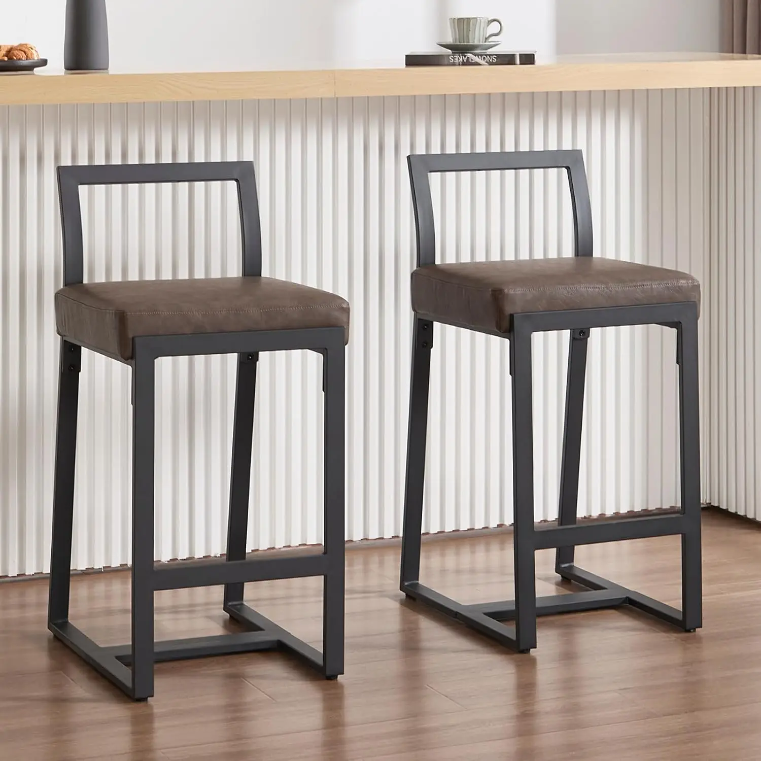 

26’’ Modern Bar Stools Set of 2, Upholstered PU Leather Bar Chairs with Backrest Armless Counter Height Stools, Customized