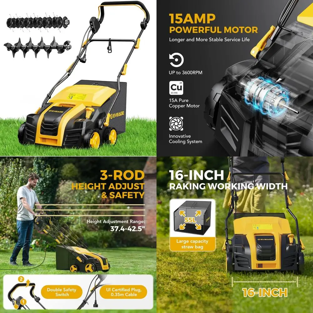 Distruggidocumenti e scarificatore elettrici da 16 pollici con potenza di 15 Amp, controllo della profondità a 5 posizioni, sacchetto da 14,5 galloni per migliorare la cura del prato