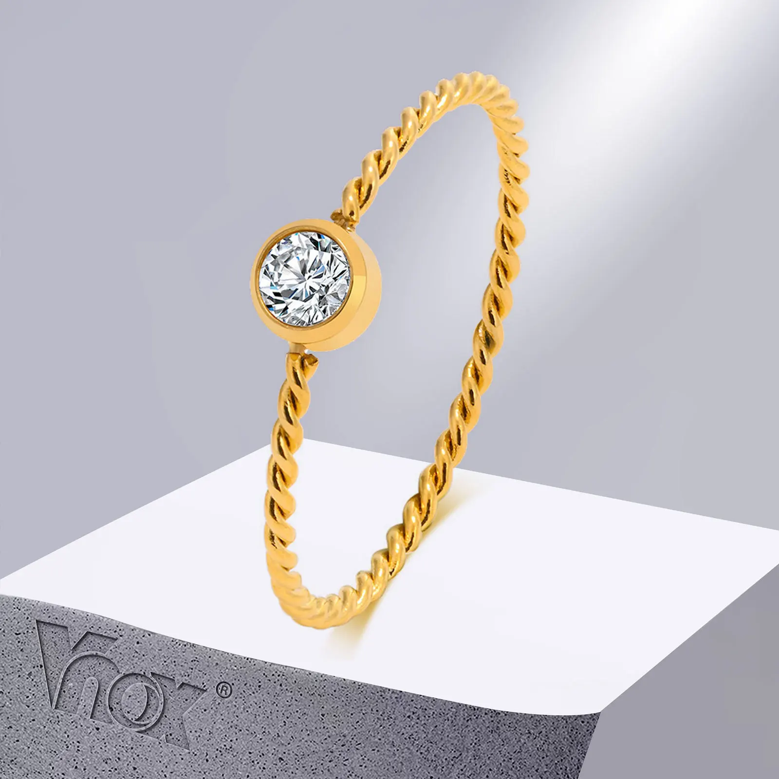 Vnox Women Ring, Slim Twisted Rope Chain Band with AAA CZ Stone Solitaire Ring, Gold Color Cute Girls Jewelry