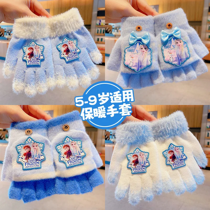 

For Elsa Gloves Children's Style Autumn/Winter Warmth Cartoon Knitted Fingerless Gloves Student Style Kawaii Gift