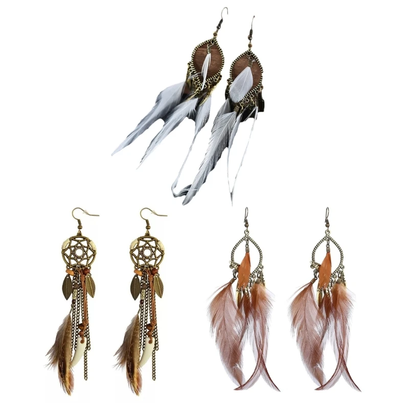 Retro Style Dreamcatcher Beads Danglers Long Feather Drop Earrings Bohemia Ethnic Vintage Charm Boho Holiday Jewelry