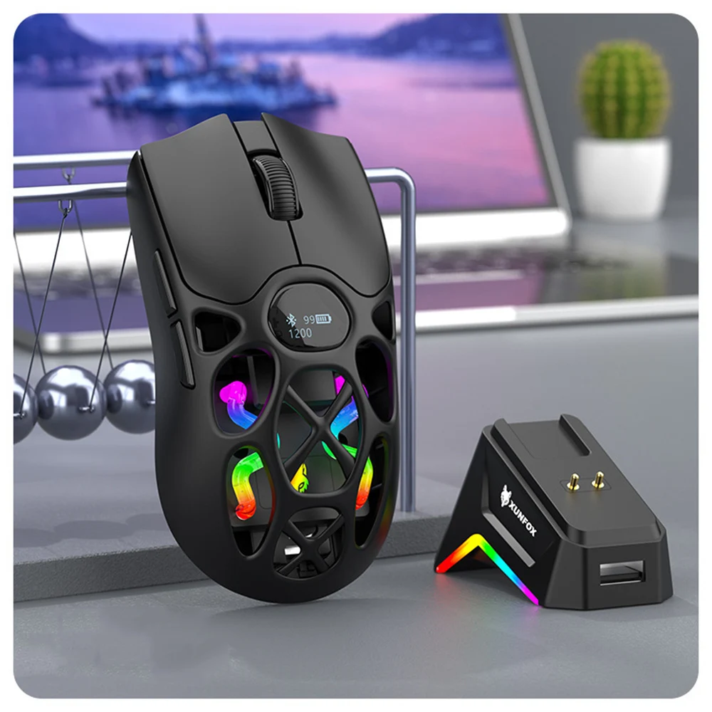 

Wireless Bluetooth Hollow Digital Display Mouse Three Connection Modes Hollow RGB Gaming E-sports Mouse with Charging Base