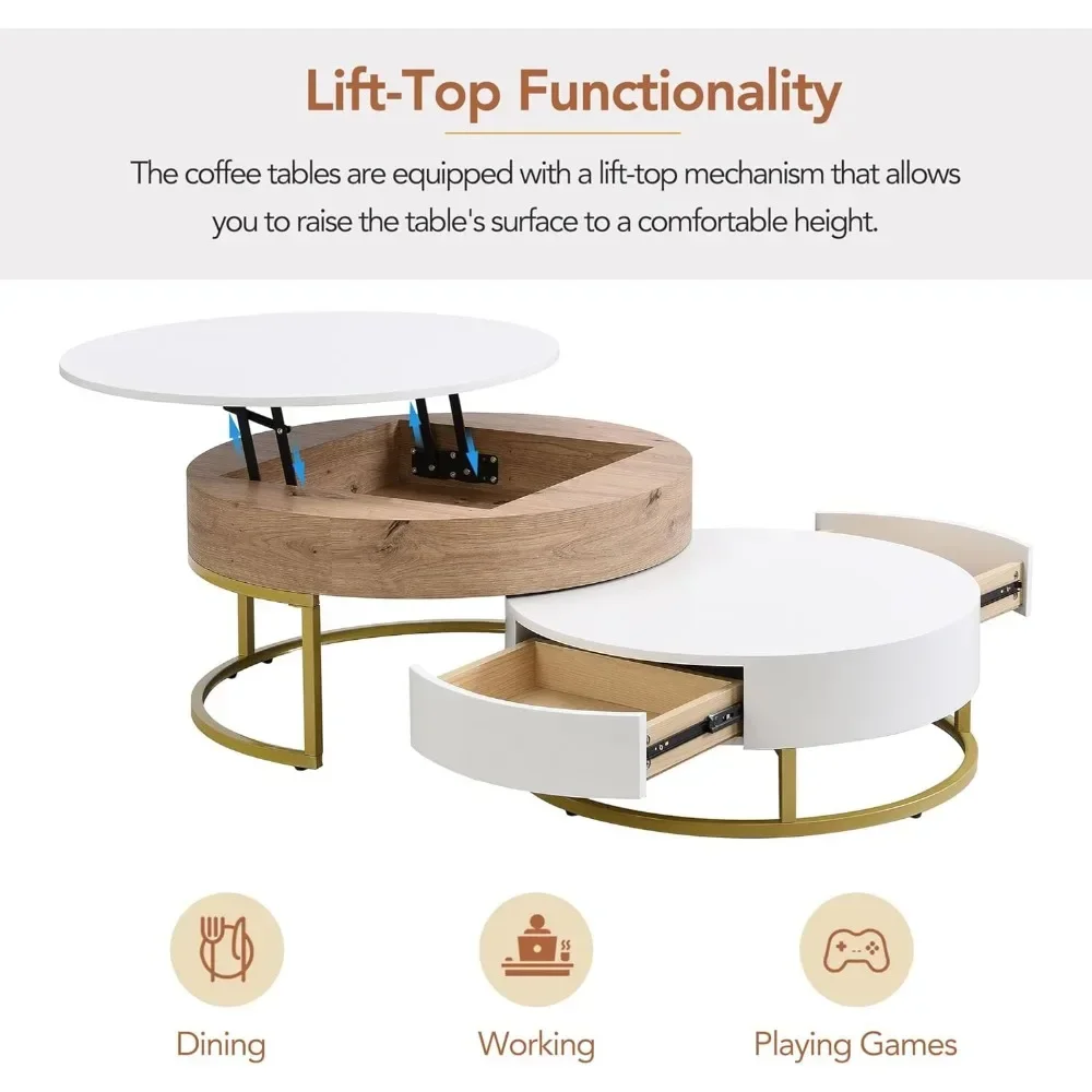 Coffee Table, Lift-Top Nested Coffee Tables with Storage Compartment & 2 Drawers, Round Cocktail Tables Center Table