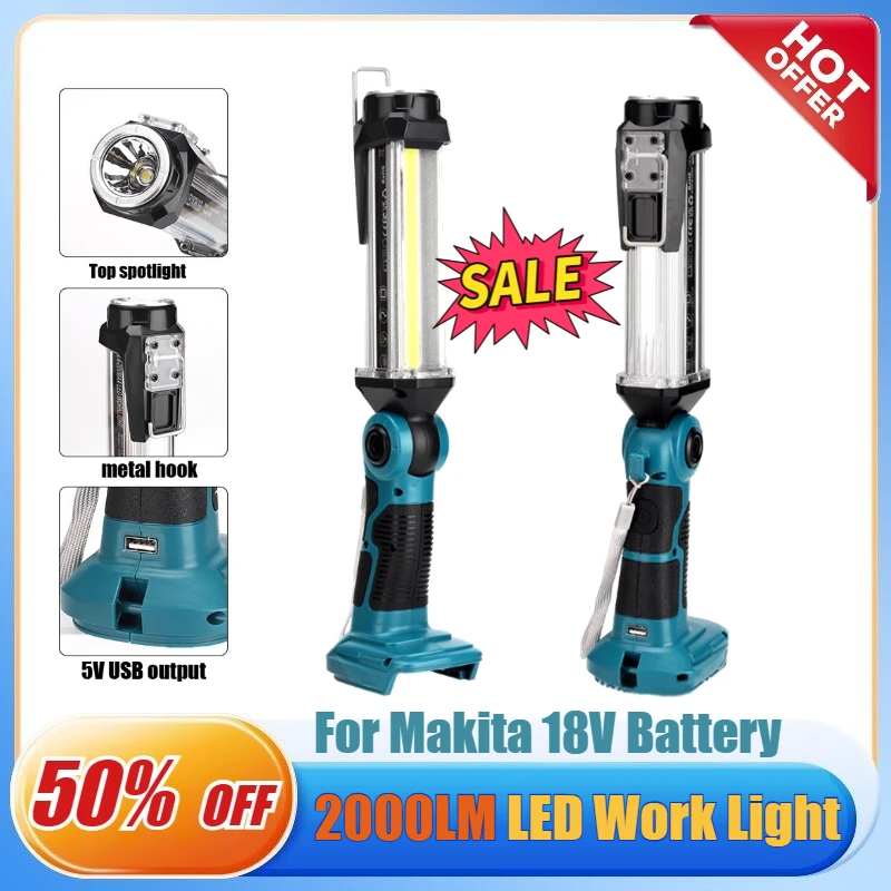 2000LM LED Work Light 35W for Makita 18V Lithium-ion Battery Portable Light Horizontal Down Light Outdoor Handheld Flashlight