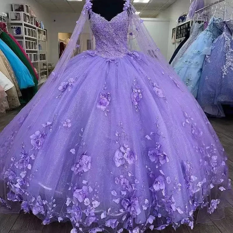 Lavender Ball Gown Quinceanera Dresses 15 Party High Quality 3D Flower Cinderella Princess Gowns With Wrap