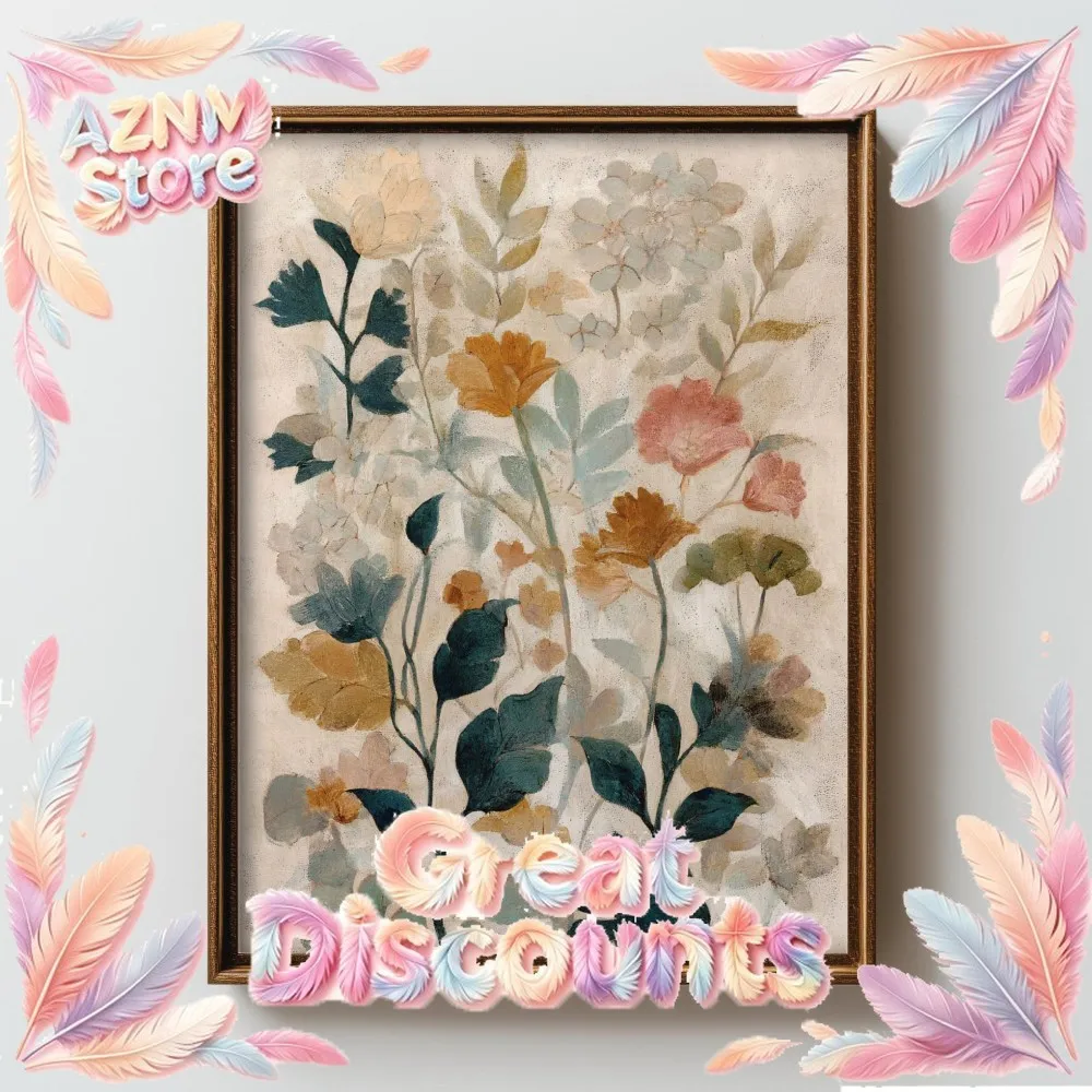 2026 Vintage-style Floral Wall Art, Printable Earth-Toned Floral Patterns | Bohemian Pastoral Style Decoration, Canvas Painting