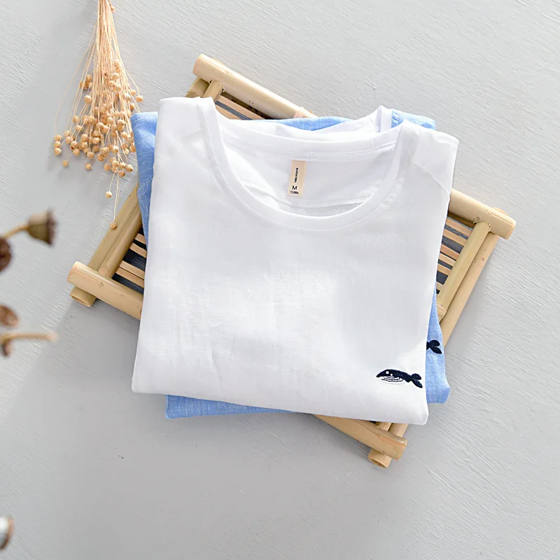 3351 Cotton and Linen Patchwork Short Sleeve T-shirt for Men Summer Fashion Dolphin Embroidery Healthy Breathable Tee Top Male