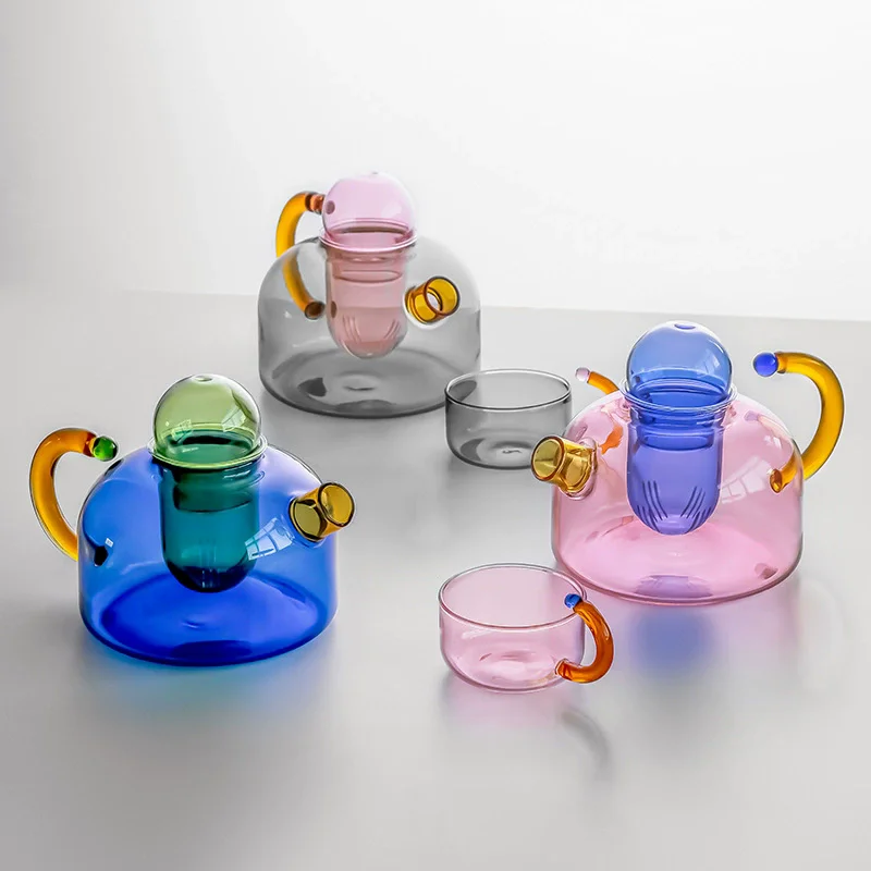 

1pot 2cup Heat Resistant Glass Teapots Color Contrast Tea Water Separation Household Teaware Tea Sets Cooking Teapot Water Cup