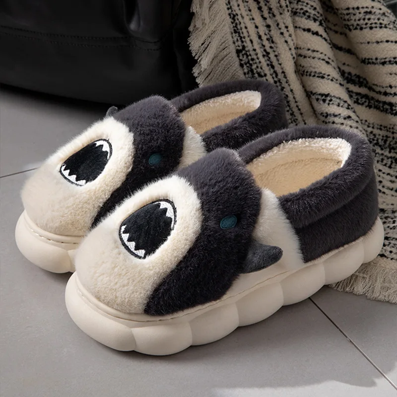

Qidan Shark Slippers Men's Winter Cartoon Indoor Home Couple Cotton Slippers Anti-Slip Flat Heel Comfortable Soft Material