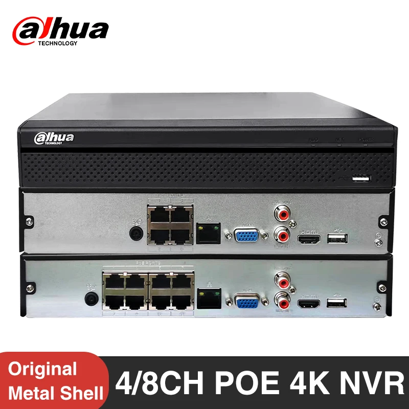 داهوا الأصلي 4POE NVR 1U 1HDD NVR4104HS-P-4KS3 NVR4108HS-8P-4KS3 8 منافذ PoE 4CH 8CH 4K H.265 لايت AI شبكة مسجل فيديو