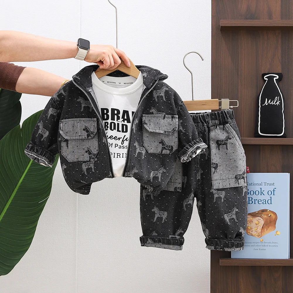 Toddler Boys 3 Piece Outfit 2026 New Baby Boy Clothes Denim Jacket + T-Shirt + Pants Set Kids Horse Print Casual Spring Clothes