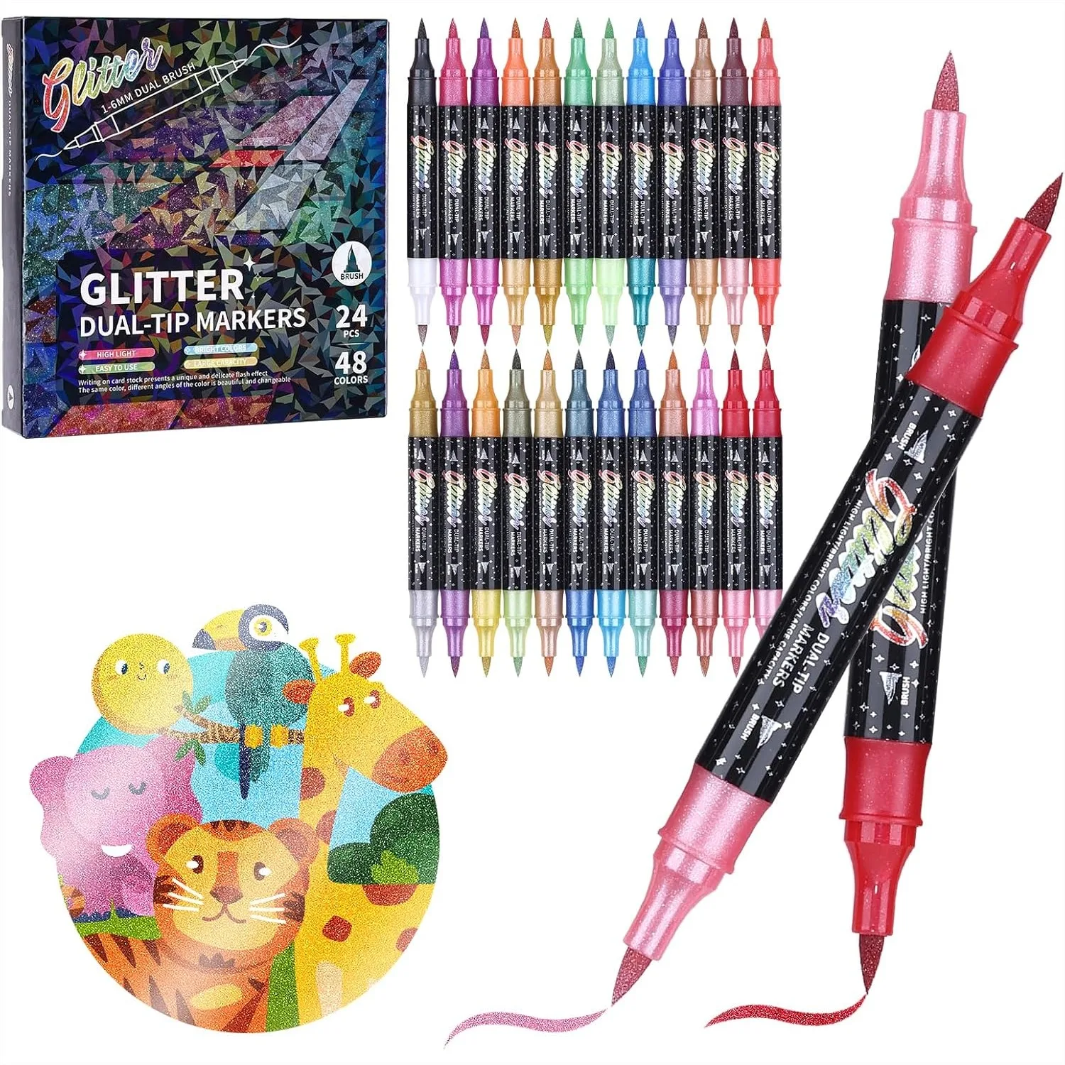 

Glitter Brush Markers Pens, 48 Colors Dual Tip Glitter Pens Set with Metallic Sparkle for Cards, DIY Crafts, Doodle, Writing