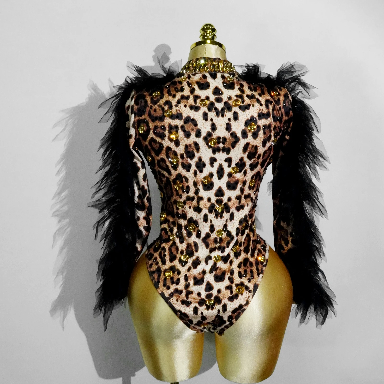 セクシーなレオパード柄ラインストーン付きブラックメッシュイベントコスチューム、女性用ボディストラス、ドラッグダンスステージ衣装、ナイトクラブ衣装