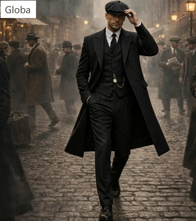 Cream Pinstripe 3 Pieces Men Suit Vintage Gentleman Long Overcoat Vest Pants Set Groom Wedding Outfit Banquet Retro Customized