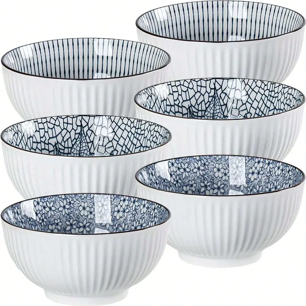 

6 Inch Blue And White Porcelain 30 Oz Bowls Set Of 6 For Soup, Cereal, Derts, Ice Cre And Rice - Mixing Pattern Variant 5