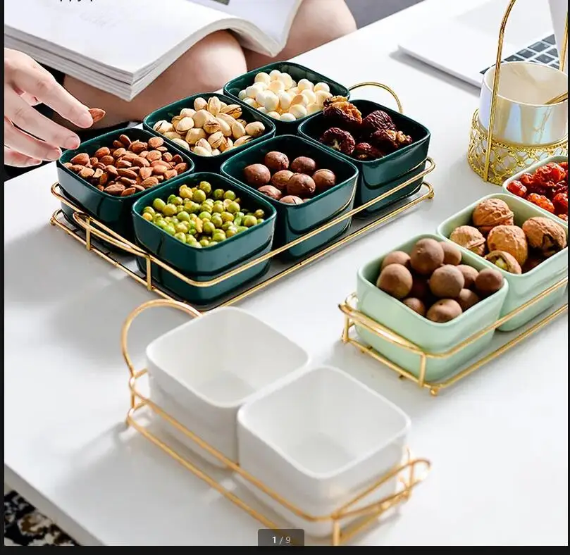 

Ceramic Snack Platter Fruit Plate Salad Bowl Multi Grid Snacks Dried Plates Metal Base Dessert Dish Decorative