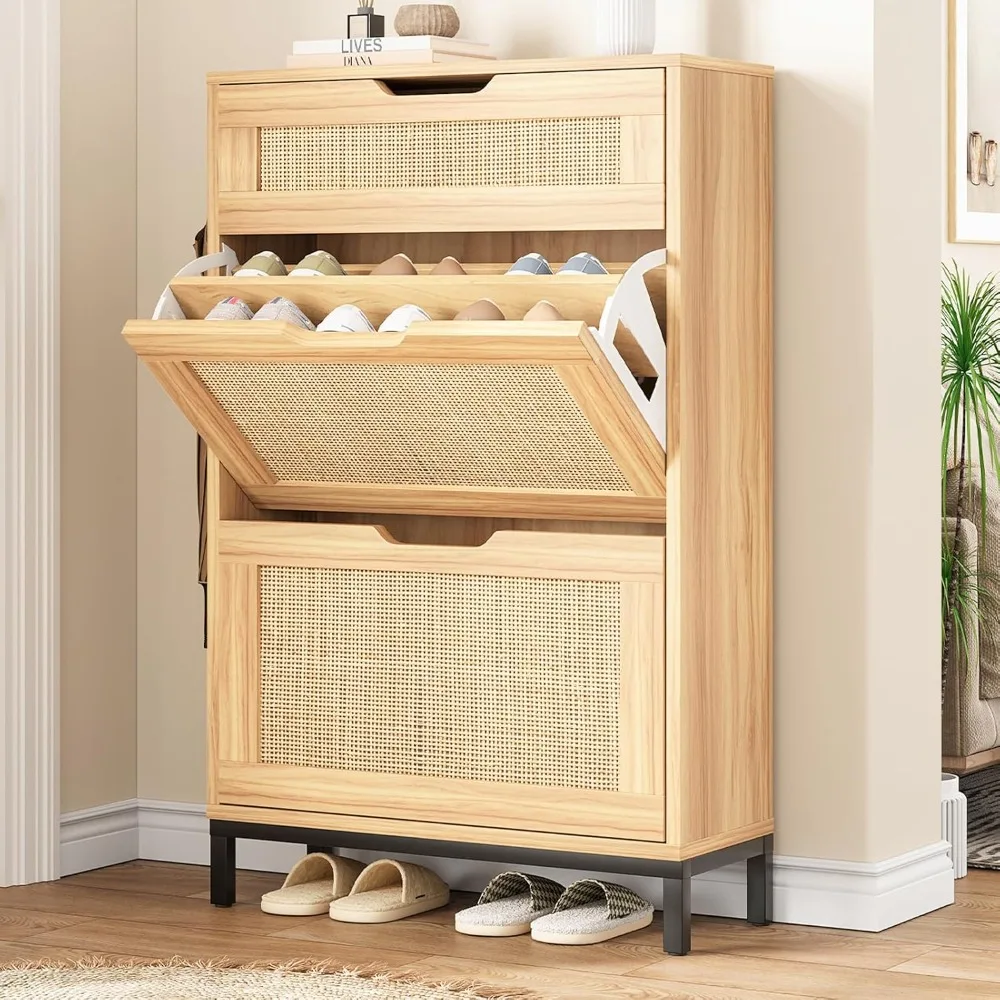 

Rattan Shoe Cabinet Storage for Entryway Hidden Shoes Storage Cabinet Boho Narrow Shoe Organizer Cabinet with 2 Flip Drawers