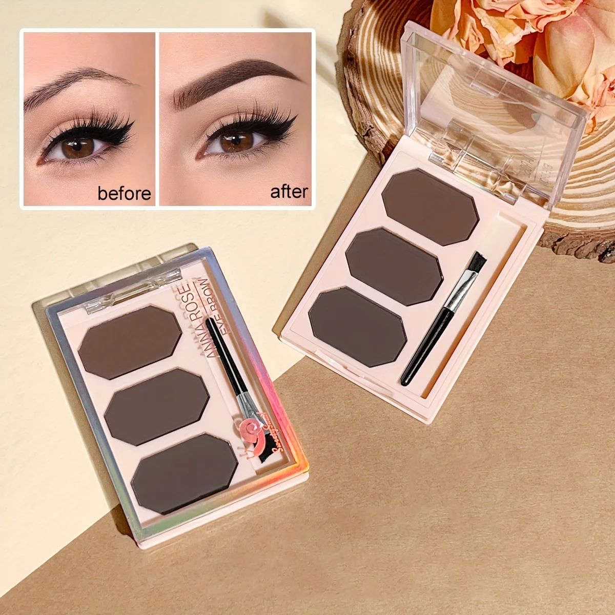 Cepillo de bandeja de polvo de cejas de 3 colores, cejas salvajes tridimensionales naturales, impermeable, antimanchas, adecuado para uso diario
