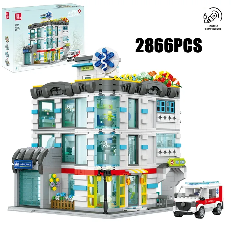 

2866PCS Street View Series General Hospital Model Building Blocks With LED Light Construction Bricks Toy Gift
