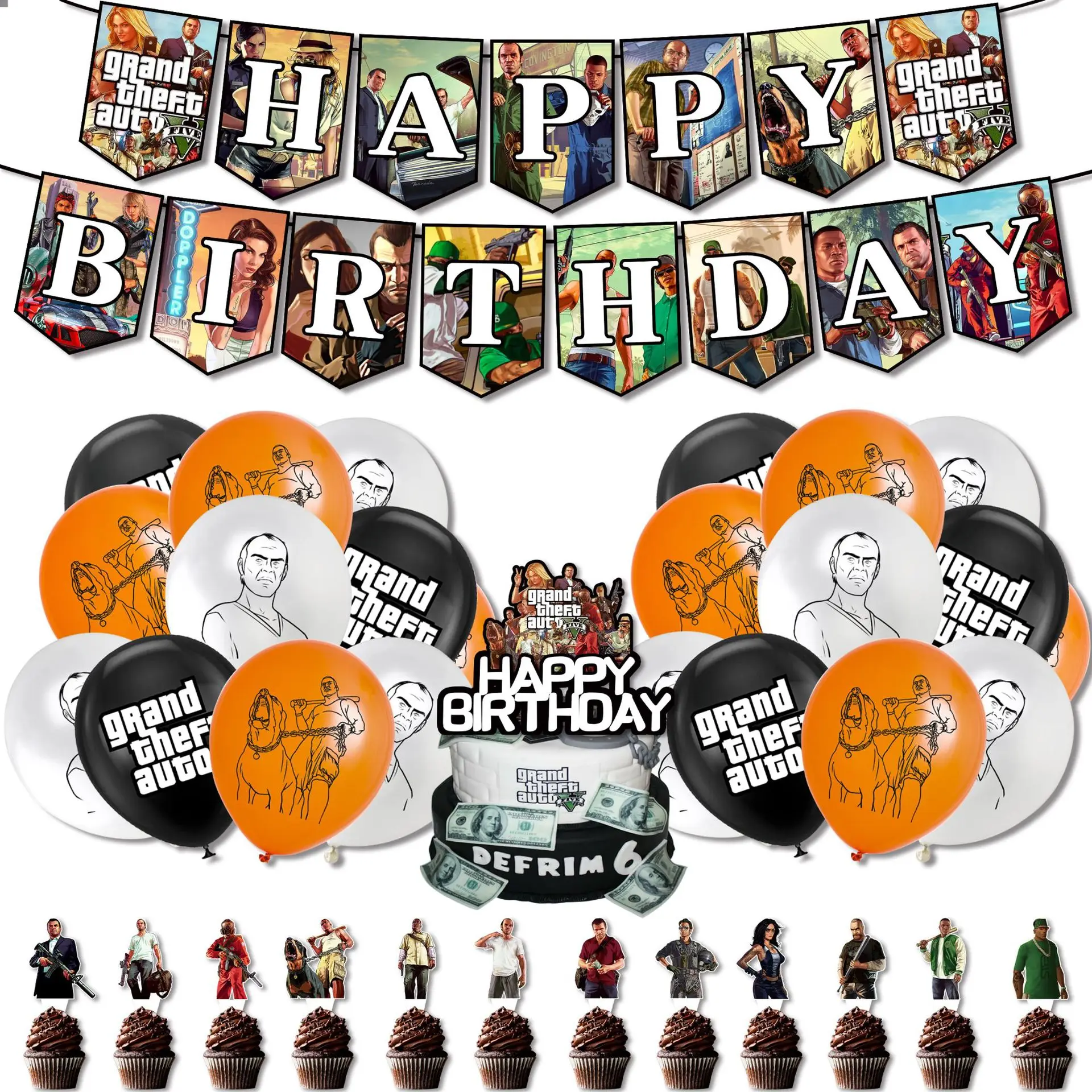 Game Grand Theft Auto Theme Party GTA5 Balloon Flag Pulling Banner Cake Topper Kids Happy Birthday Decoration Supplies