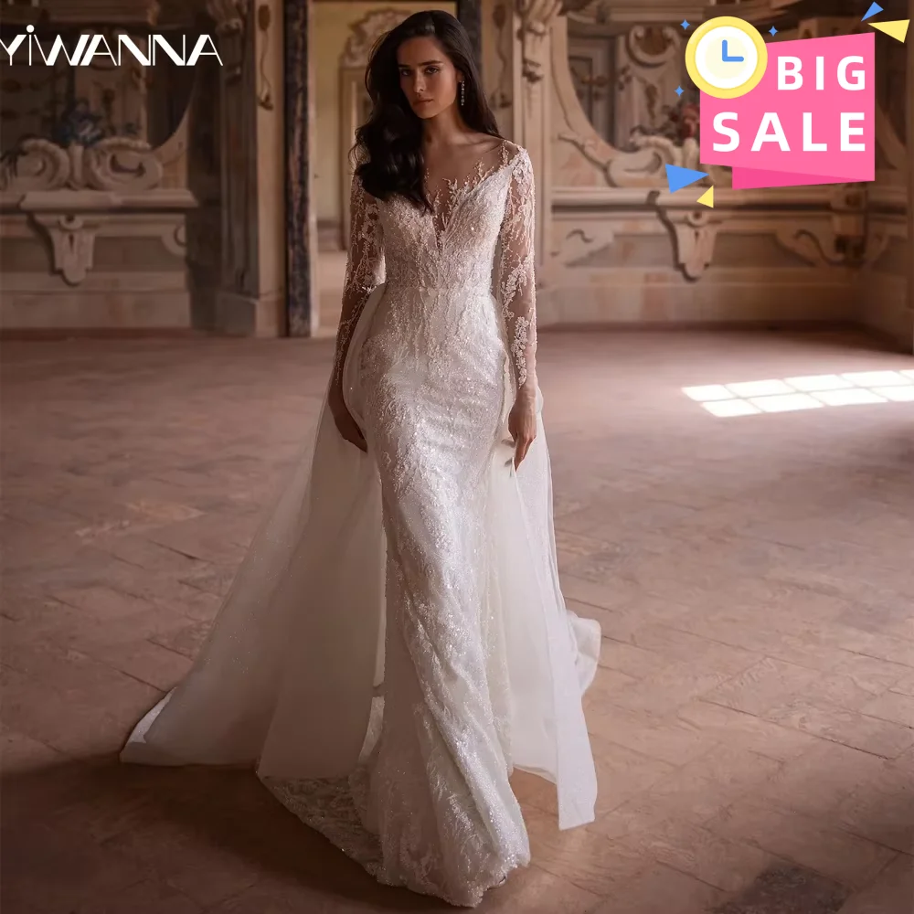 

Modest Long Sleeve Wedding Dress Sparkly Sequins Beads Bride Robe Elegant Detachable Train Bridal Gown Customized Robe De Mariée