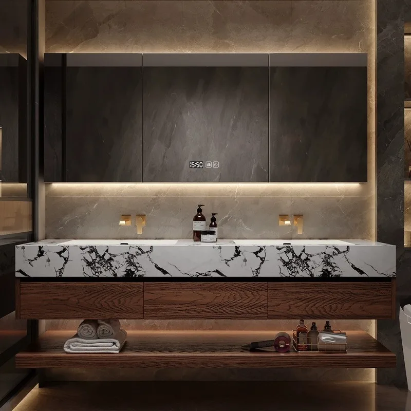 Slate ceramic seamless integrated basin red oak paint bathroom cabinet combination bathroom washstand hand washing