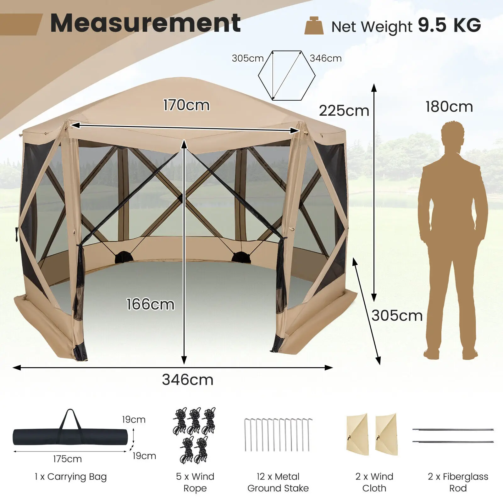 GOFLAME 346 x 346 cm Pop-up Screen House Tent, 6-Sided Camping Gazebo Instant Setup Hub Tent with Portable Carrying Bag