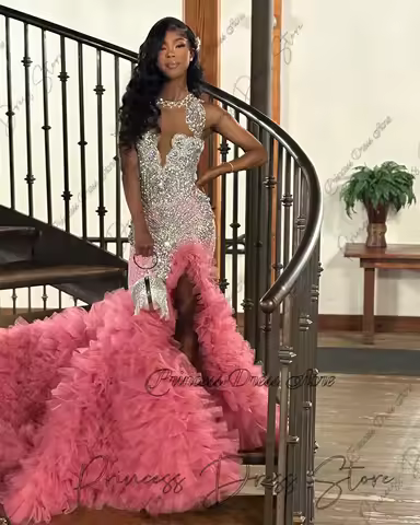 Sweet Tulle Beaded Prom Dress For Black Girl 2025 Luxury Crystal Birthday Gown Mermaid Evening Dress Customized