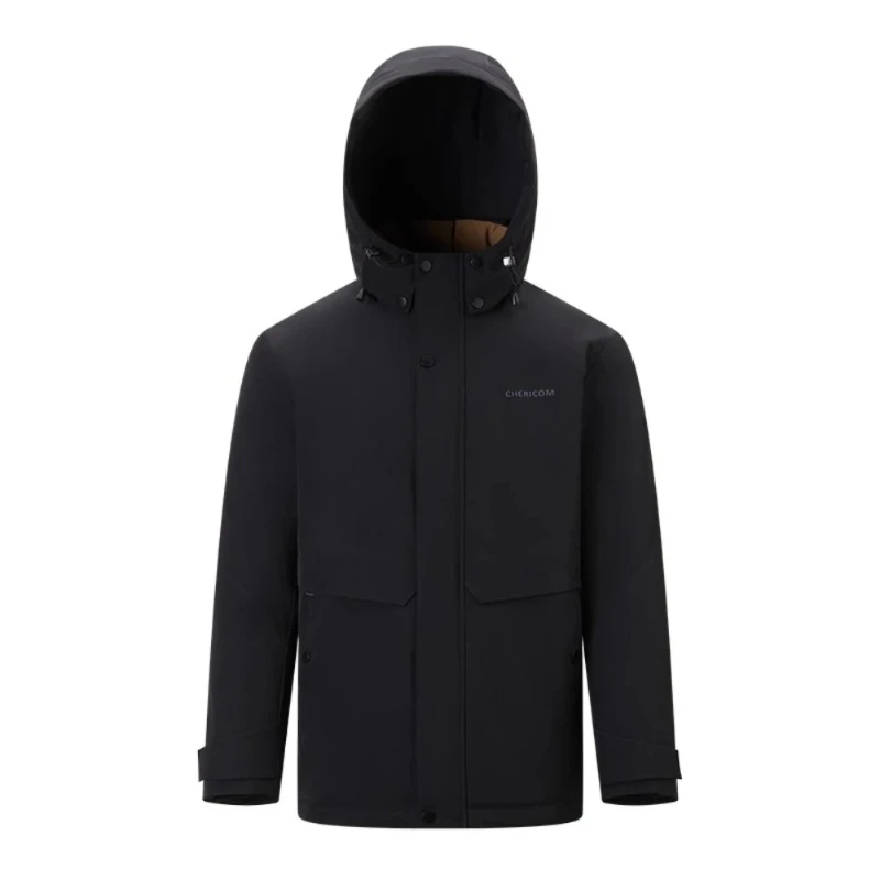 Chericom Men's Winter Detachable Hood Down Jacket with Stand Collar Print Design Slanted Pockets Velcro Cuffs Workwear Y298616Y