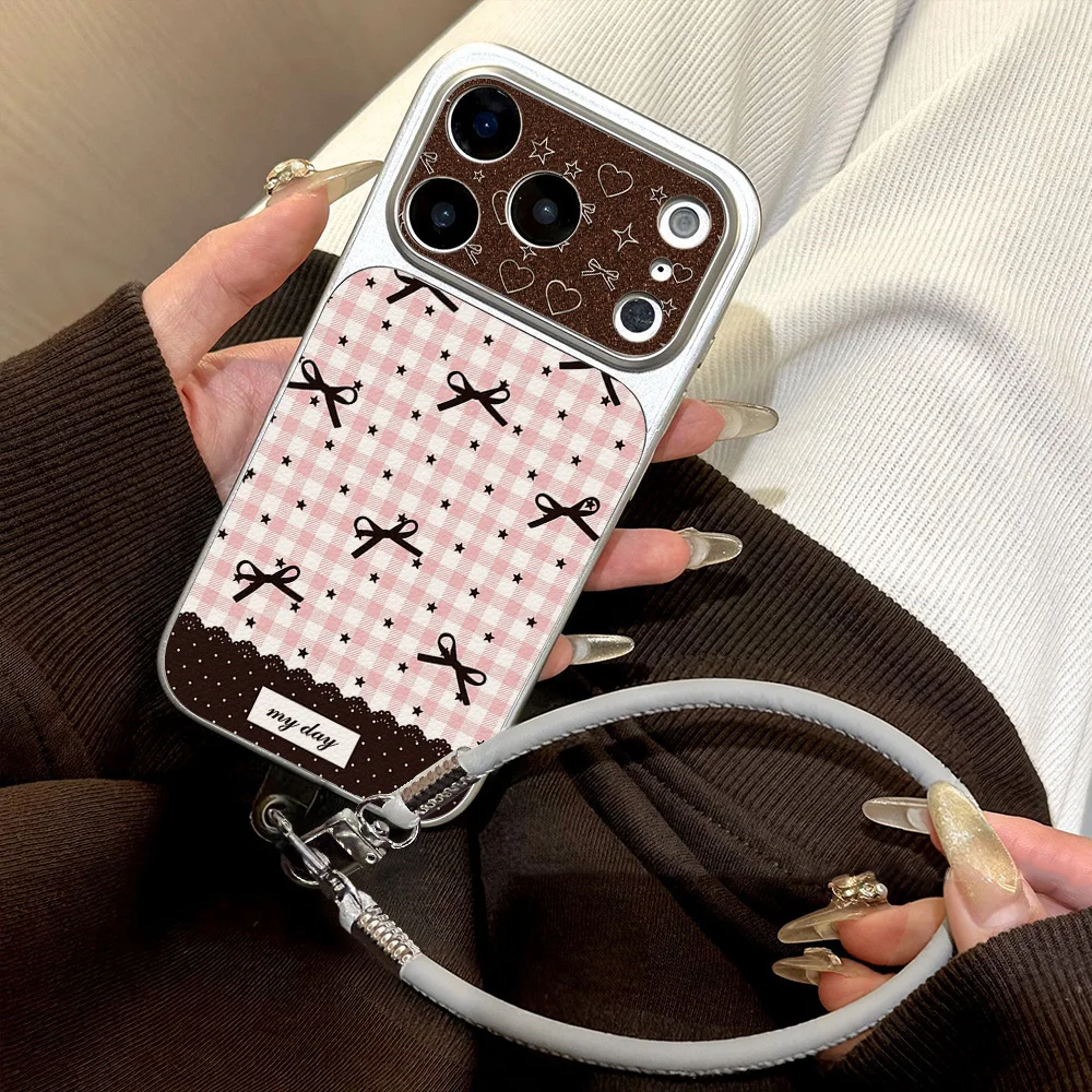 INS Retro Bowknot Leather Texture Phone Case For iPhone 17 Pro Max 16 15 14 13 Pro Max 12 11 With Lanyard Shockproof Cover - view 6