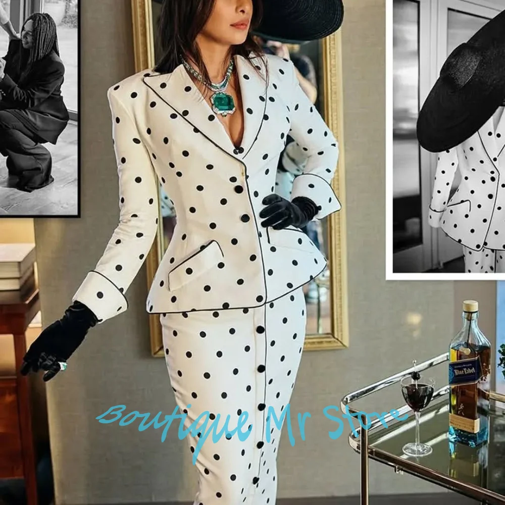 Elegant Polka Dot Woman Clothes Professional Two Piece (Jacket+Skirt) Set for Retro Formal Party Cocktail Evening Streetwear