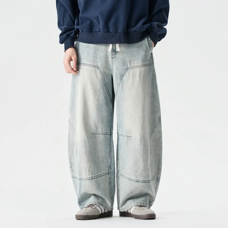 

Мужские джинсы с эффектом потертости, повседневные широкие джинсы, деконструированные, с пэчворком, из выстиранного денима, на шнурке, в уличном стиле