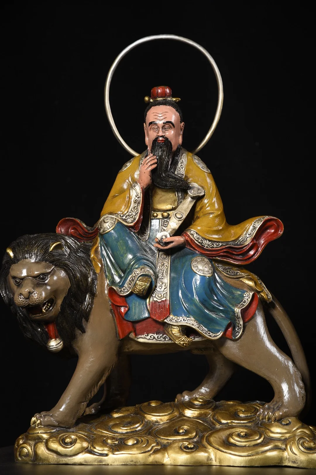 17 "مجموعة معبد التبت القديمة المطلية بالبرونز سانتشينغ البطريرك لورد لاو زي ثلاثة الخالدون الوحش الإلهي الخلفي قاعة العبادة
