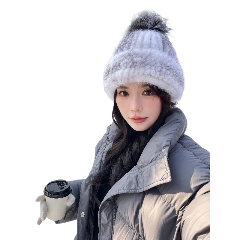 Winter Fur Hat Mink Hair Woven Ear Cap Cross Mink Elastic Warmer Hat Sweet Fox Hair Ball