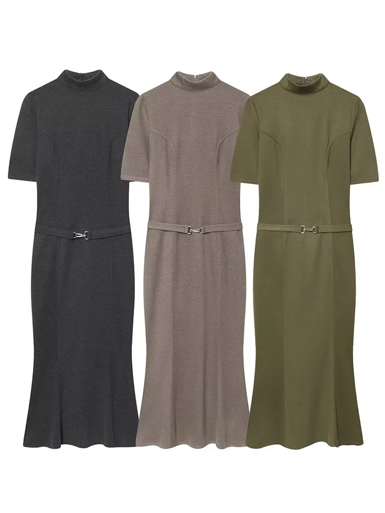 Hh mulher início da primavera moda cinto decoração mangas curtas cor sólida fino ajuste vestido macio feminino elegante versátil vestido longo