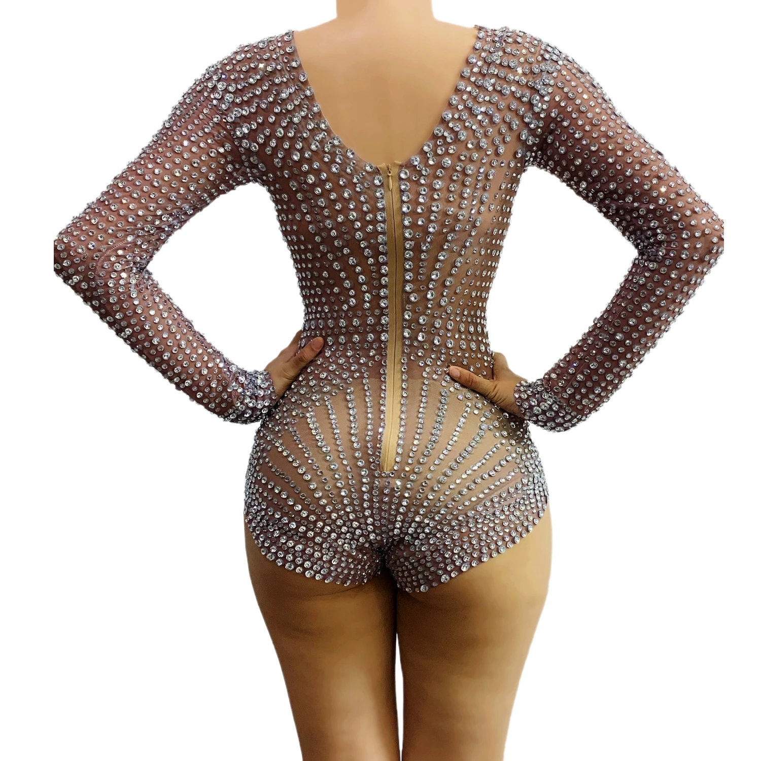 Błyszczący Kryształowy Seksowny Kombinezon z Siateczki Damski Strój na Imprezę, Pokaz, Imprezę, do Klubu Nocnego, Kostium do Tańca, Shuangjiang