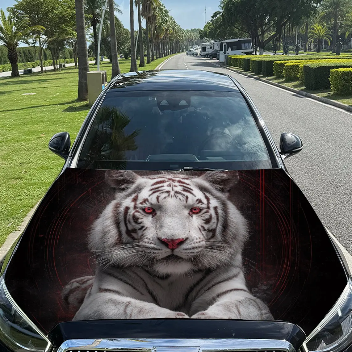 

Vibrant Red Themed White Tiger Car Vinyl Wrap, PVC Material Waterproof Car Hood Sticker, Self-Adhesive Scratch-Resistant Sticker