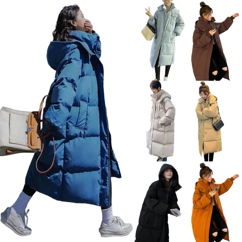 Mantel Berlapis Panjang Wanita Jaket Puffer Panjang Maxi Bertudung Mantel Empuk Ritsleting P8DB