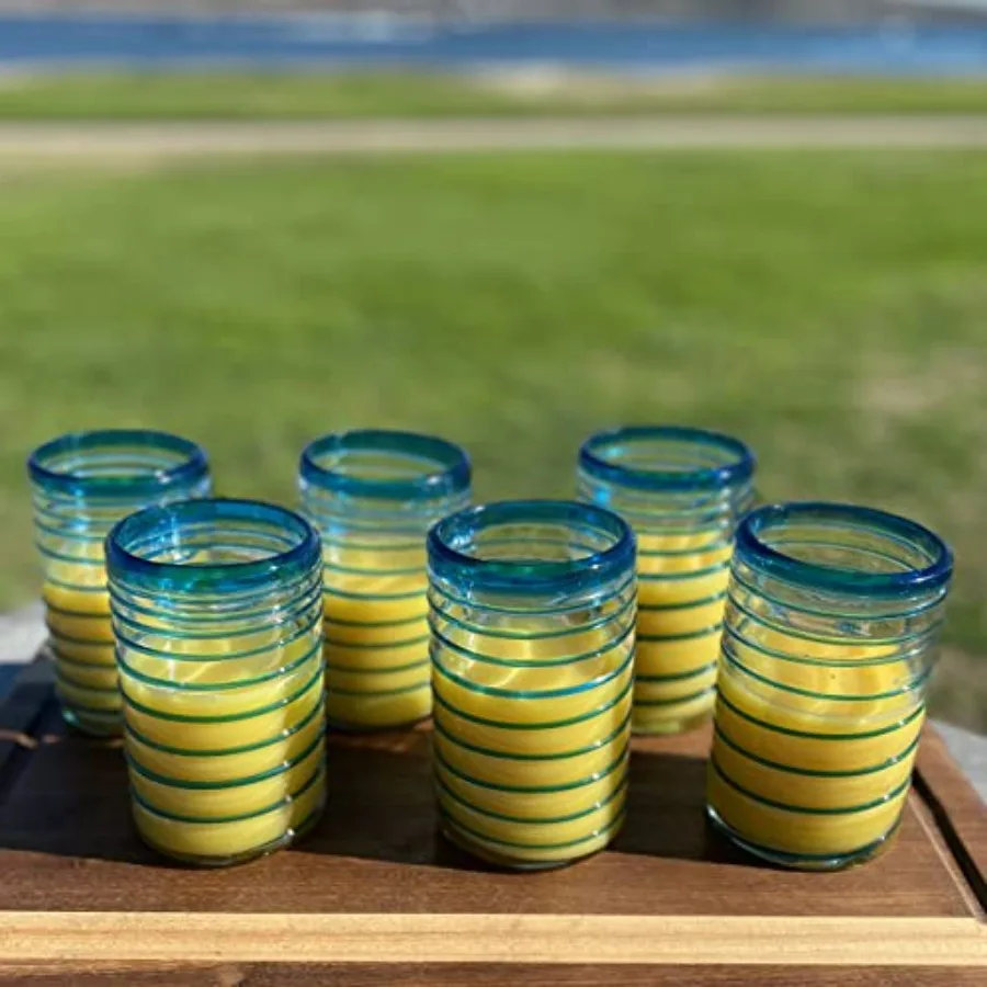 أكواب الشرب المكسيكية المنفوخة يدويًا - مجموعة من 6 أكواب بتصميم حلزوني مائي (14 أونصة لكل منها)...