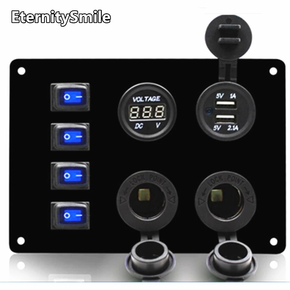 12-24V Waterproof 4 Gang Rocker Switch Panel with Dual USB Socket + Dual Cigarette Lighters + Voltmeter for Marine Car Rv Boat