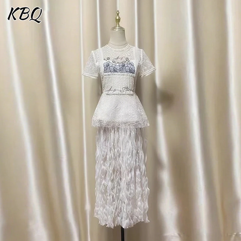 

KBQ Elegant Two Piece Sets for Women Round Neck Short Sleeve Hit Color Tops High Waist A Line Skirts Vintage Set Female Fahsion