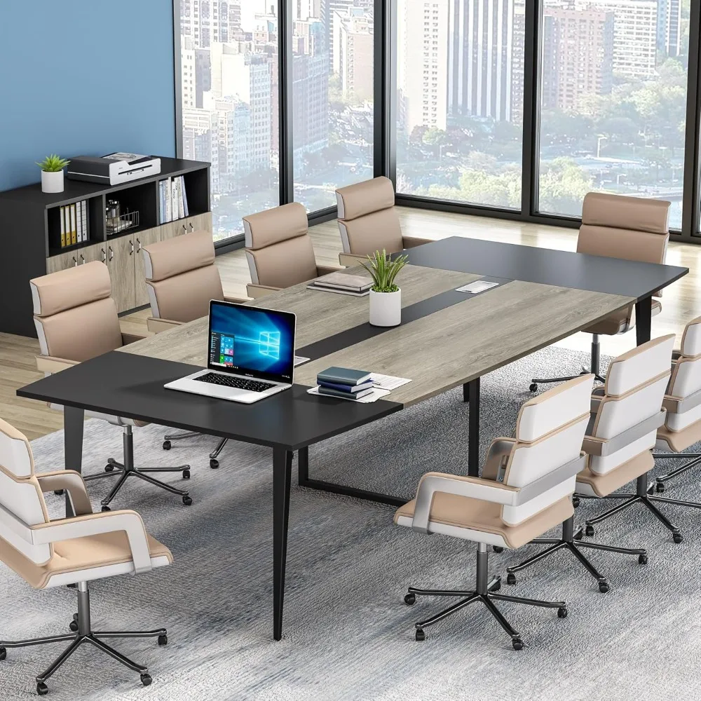 

8FT Conference Table, 94.48L x 47.21W x 29.52H Inches Boat Shaped Meeting Table with Rectangle Grommet, Modern Seminar Boardroo